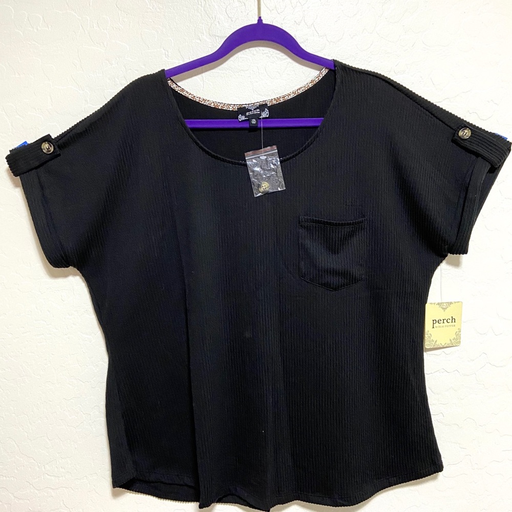 Perch Black Knit Top Short Sleeve Size XL Womens